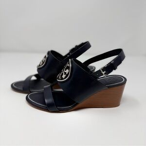 Tory Burch Navy  and Silver Metal Miller Wedge Sandals with Brown Stacked Heel